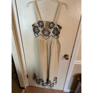 NAOO Wide Leg Jumpsuit Linen Beige Black Embroidered Floral Large NWT